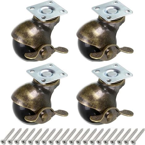 4 Pcs Roue à bille en bronze, roulettes de meubles 40mm, roulettes à boule arrondie avec frein, remplacement pour meubles, canapés, chaises, capacité de chargement 22,7kg par (1/5)