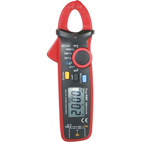 Pinza amperimétrica digital UT210E con pantalla LCD retroiluminada, medición de verdadero valor eficaz (RMS), prueba de voltaje sin contacto (NCV), continuidad, diodo y capacitancia (negra). (1/5)
