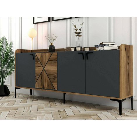 Dmora - Kommode Dilici, Wohnzimmerbuffet, Wohnzimmer-Sideboard, Moderne Küchen-Speisekammer, 180x35h78 cm, Walnuss und Anthrazit (1/5)