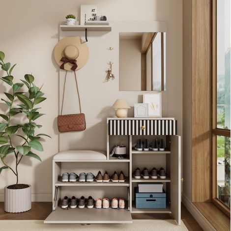 Mobile portascarpe con specchio e seduta imbottita in MDF, 110x37x185,5 cm, beige e grigio (1/5)