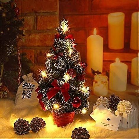 Sapin de Noël miniature de 40 cm avec lumières, étoile au sommet, boules, nœuds et pommes de pin (lumière chaude) - Rouge (1/5)