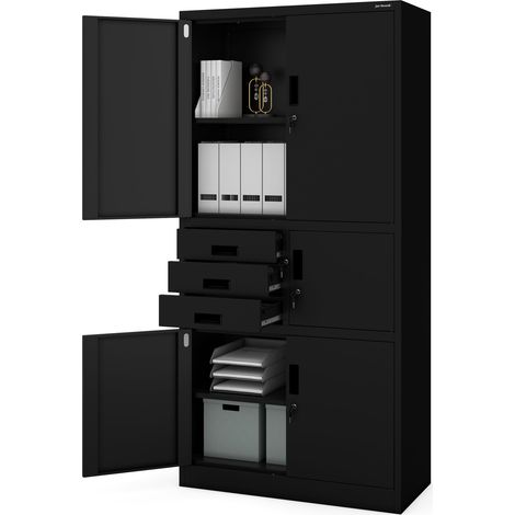 Armoire de Bureau Métallique Coffre-Fort Compartiment Secret Portes battantes Tiroirs Revêtement par Poudre Tôle d'acier 185 cm x 90 cm x 40 cm Noir (1/5)