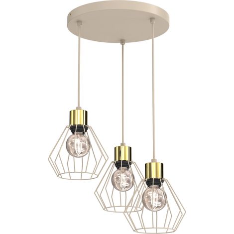 Suspension industrielle Parkla Luminex 3xE27 beige et doré, abat-jours filaires, 75 cm (1/4)