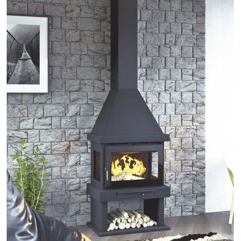 Chimenea Leña con Turbina Tangencial Critales a 3 Caras FM Modelo C-303 TFK  Cristal Serigrafiado en puerta y Interior Fundición. (1/2)
