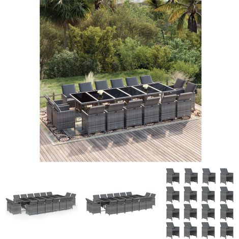 Gartenstuhl - vidaXL 17-tlg. Garten-Essgruppe mit Kissen Poly Rattan Grau - Gartenstühle (1/5)