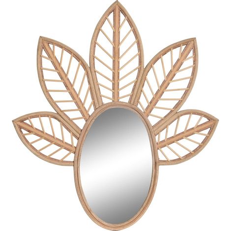 Miroir ovale feuillage rotin pour décor chaleureux - Marron naturel éclairé (1/3)