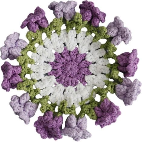 Sous-verre isolant thermique tissé à la main, tapis de table pratique, dessous de tasse, motif floral coloré au crochet, accessoires de cuisine violet (1/5)