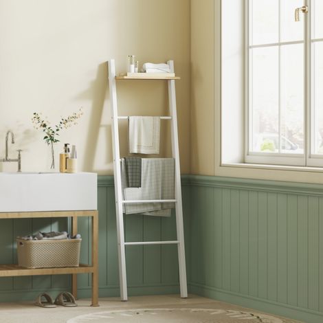 Étagère à Échelle avec Étagère Supérieure et 4 Barres Porte-serviettes de Bain à Poser contre le Mur 43x20x151 cm Blanc et Chêne (1/5)