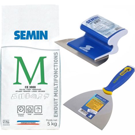Enduit multifonctions CE 3000 Semin pour coller, fixer, reboucher, aplanir et lisser - intérieur - sac de 5 kg, un couteau à enduire - 15 cm et lame pour enduire et lisser - 15 cm (1/5)