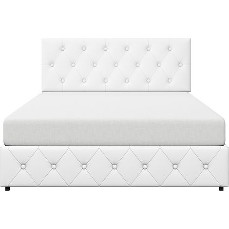 Yaheetech Lit Double 140x200 cm avec Tiroirs Intégrés Sommier à Lattes en Bois et Tête de Lit Capitonnée Réglable en Hauteur Structure Métal Pieds en Bois Massif, Blanc (1/5)