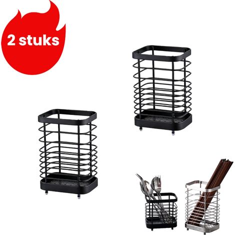 Porte-couverts 2 pièces en acier inoxydable - Porte-baguettes épais - Boîte de rangement pour couverts - Étagère à couverts de cuisine - Grand modèle - Noir (1/5)