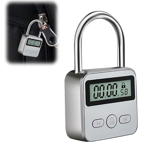 Affichage de Lock, Cadenas Valise avec LCD Écran, USB rechargeable Cadenas Code Verrouillage De La Minuterie, pour Prévenir Les Mauvaises Habitudes (Argent) (1/4)