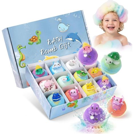 Lot de 12 bombes de bain pour enfants avec jouets surprises, pour enfants avec Surprise Inside, cadeau de bain sur le thème de l'océan, naturel et organique, additif de bain pour enfants garçons et (1/5)