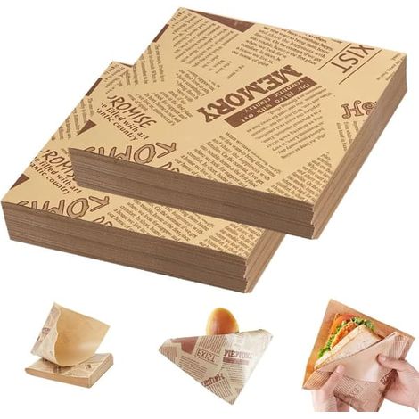 200 st. hamburgerpapper, hamburgerpåsar, smörgåspapper, 18x18 cm tidningstryckstil, matpåsar för hamburgare, snacks, pommes frites (1/5)