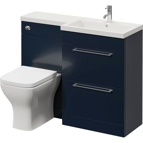 Napoli 390 Deep Blue 1100mm 2 Drawer Vanity Unit Toilet Suite with Square Right Hand Lucia Basin - 1100mm - Chrome 320mm HandleWith Kingston Toilet Pan and Seat