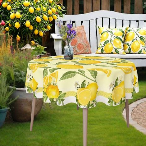 1 nappe ronde blanche délicate à imprimé citron jaune, nappe de table sur le thème de la Saint-Jean, nappe idéale pour les repas de famille décontractés. (1/4)