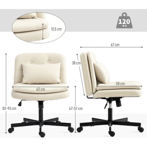 Silla de oficina sin brazos con tapicería de piel sintética, silla de escritorio con ruedas, cojín adicional, regulable en altura, móvil, color beige.