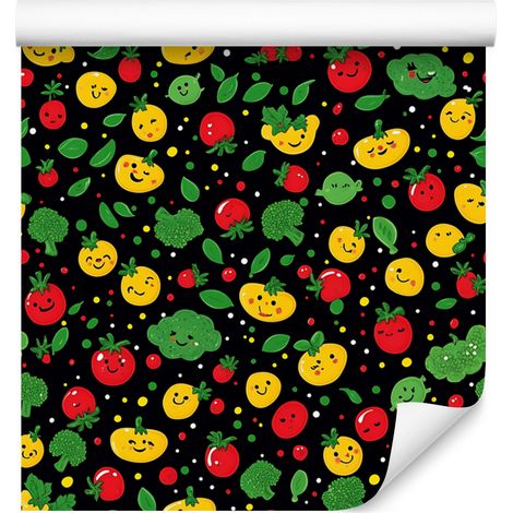 Kawaii-Gemüsetapete, Schwarz, Flaschengrün und Gelb, 50 x 1000 cm (1/4)