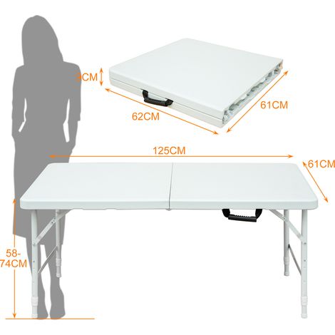 Table pliante portable 125 x 61 cm, hauteur réglable 58-74 cm, avec poignée, blanche HAVRYA (1/4)