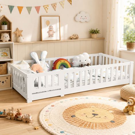 Lit simple enfant 90 x 200 cm - Blanc - Sommier et barrières de sécurité - En pin massif - Conception basse - Anti-chute - Peintures de sécurité (1/5)