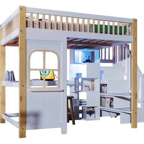 Letto a castello 140x200 cm con LED, scrivania, scala contenitore e finestra, bianco e legno chiaro per camera bambini – CHICFURN (1/5)
