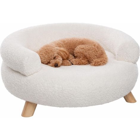 Panier Chien - Panier Chat - canape Chien - Sofa - Ronde - Blanche - 54x54x27 cm - Textile et Bois - pour Petits Chiens et Chats - Pieds en Bois (1/4)