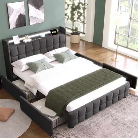 Lit 180x200 cm avec LED, USB, 4 tiroirs et tête de lit, sommier à lattes, lit coffre gris, sans matelas (1/5)