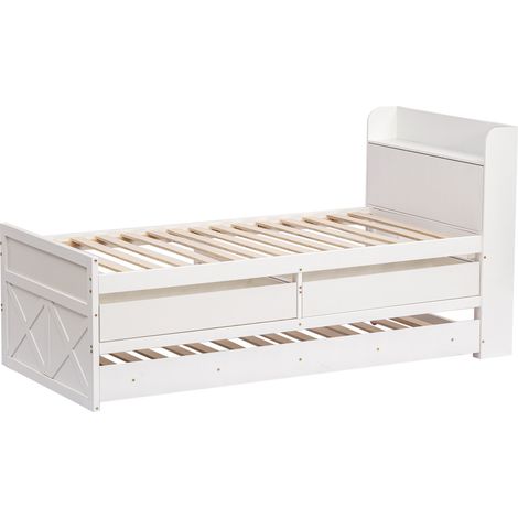 Cama individual de madera 90x190 blanca con cajón, cama nido, estante y USB HOMVRA (1/5)