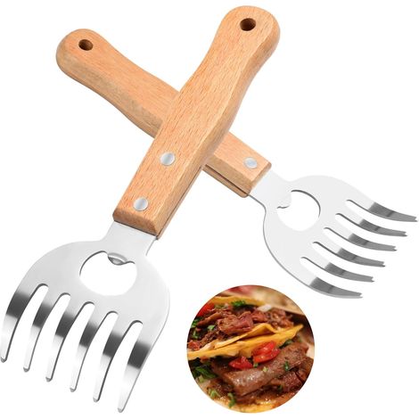 Hachoir à viande en acier inoxydable avec long manche en bois - Outil de barbecue pour effilocher le porc, le poulet, la dinde, servir et râper-AquaForge