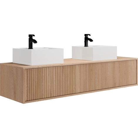 Mobile per bagno sospeso scanalato con doppio lavabo - Naturale chiaro - 150 cm - ARNEGA