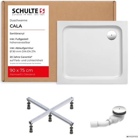 Schulte Duschwanne Cala 90x75 cm Weiß - Komplettset inkl. Fußgestell und Ablaufgarnitur, aus Hochwertigem Sanitäracryl