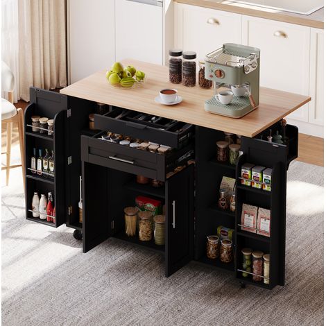 Îlot de cuisine mobile avec plan de travail extensible, rangements et MDF noir naturel REDOM (1/5)