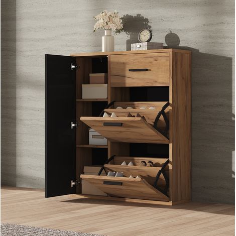 Mueble zapatero 2 puertas abatibles y 1 puerta 80x24x95,5 cm con estantes ajustables, en tablero de partículas, color negro y natural (1/5)