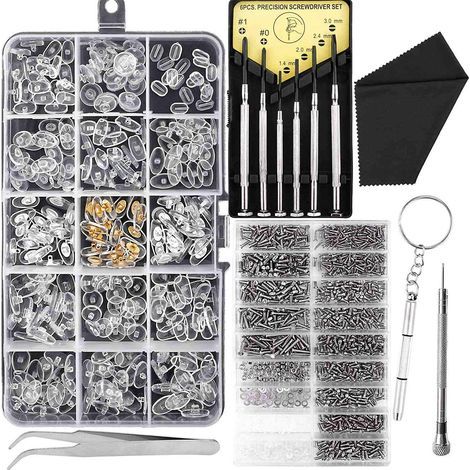 Kit de réparation de lunettes et de lunettes de soleil, kit de vis et plaquettes de nez avec 6 tournevis et 3 outils pour lunettes (1/5)