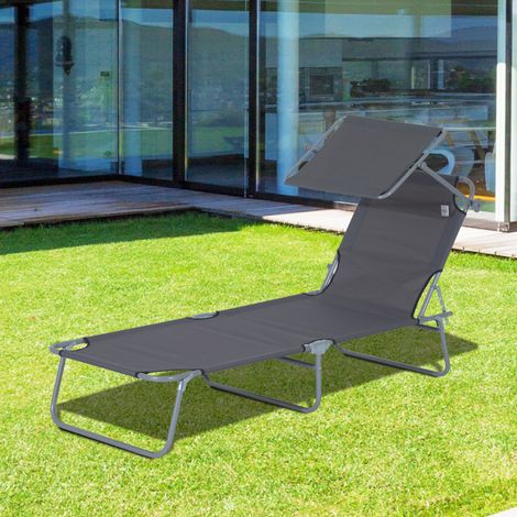 Tumbona plegable 187x58x36 cm gris de metal con parasol ajustable (1/5)