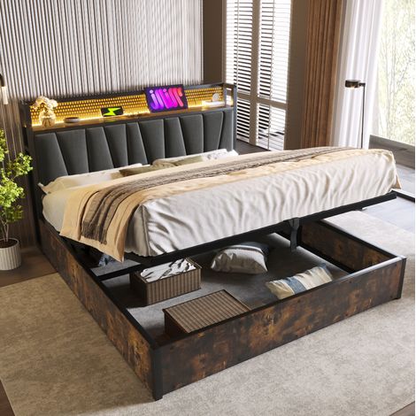 Lit double 180x200 cm gris en lin avec tête de lit LED, prises et ports USB, rangement intégré (1/5)