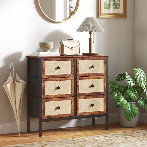 Commode en tissu à 6 tiroirs pliants, façades en rotin et structure en acier, idéale pour la chambre à coucher, couleur marron rustique.