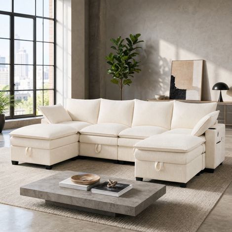DESMIU Canapé modulaire d'angle 5 à 6 places avec rangement, ports USB, porte-gobelets et coussins, en velours côtelé, Beige (1/5)