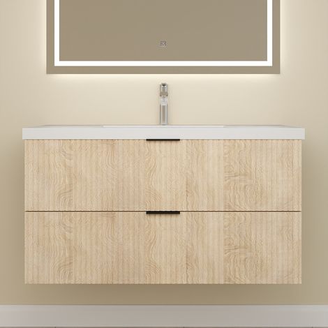 Biubiubath Meuble de Salle de Bain suspendu Chêne 100 cm avec 2 tiroirs, vasque inclus (1/5)