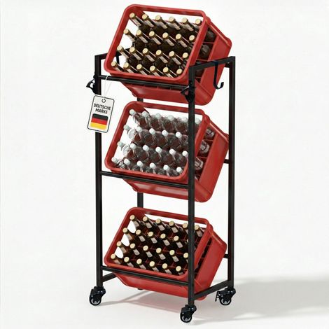 Roxlin Getränkekistenregal für 3–6 Kisten – Schwerlastregal aus Metall für Bier- & Wasserkisten – mit Ablage – bis 600 kg Tragkraft – Küche, Keller & Vorratsraum - 3 Kisten auf Rollen (1/5)