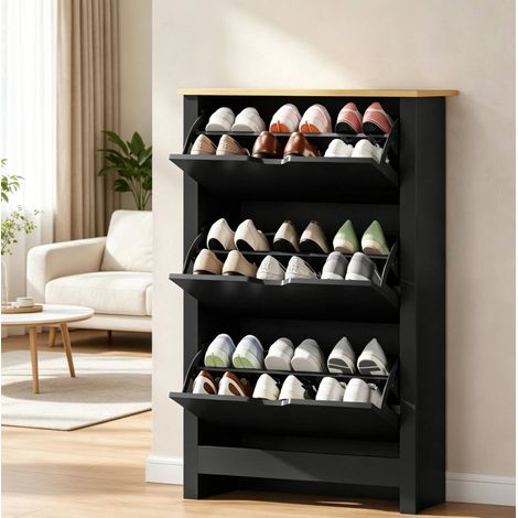 Armoire à chaussures 72x26x112 cm en panneaux de bois noir, gain de place pour entrée FloraGrace (1/5)
