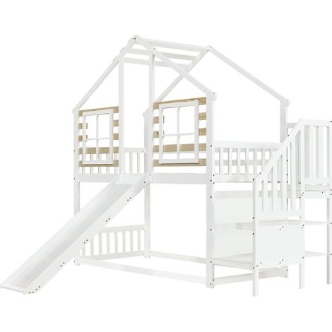 Letto a castello per bambini 90x200 cm con scivolo, scala e finestra, bianco (1/5)
