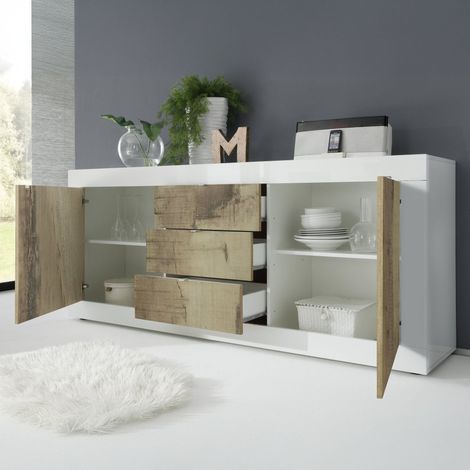 Credenza Pasubio, Madia 2 Ripiani, 3 Cassetti Made in Italy, 2 Ante, 210x42x85.8h cm Bianco Lucido (1/4)