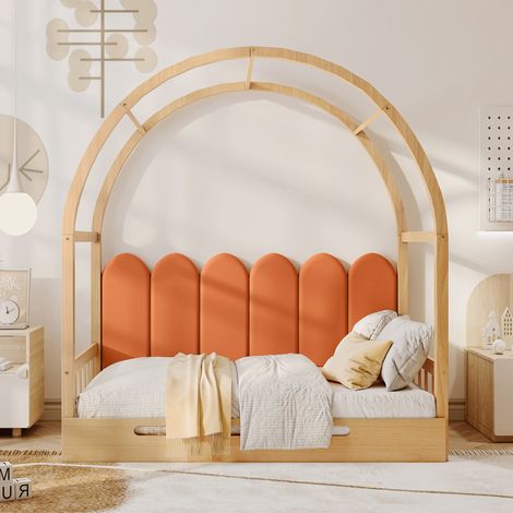 Lit évolutif pour bébé avec dôme, berceau coulissant, lit enfant, canapé convertible en lit double, coussin en velours, structure en pin naturel et orange (140x100cm & 140x200cm)