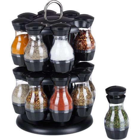 Relaxdays Spice Carousel, 16 Transparent Herb Jars, Rack 360° Rotatable, HxØ: 29 x 19 cm, made of Plastic, Black/Silver (1/5)