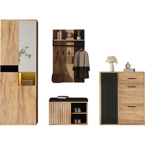 Ensemble d’entrée avec vestiaire mural, set 4 pièces comprenant armoire, meuble à chaussures, banc à chaussures et portemanteau, bois naturel et noir, 215×36×190 cm (L×P×H) (1/5)