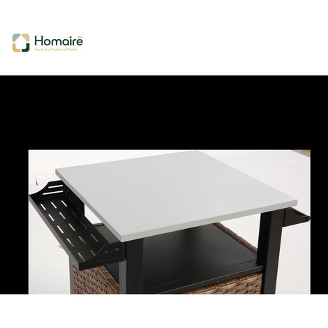 HOMAIRE Chariot de bar à une porte en rotin avec roues, tabletop en acier inoxydable extensible et poignée latérale, brun, pour cuisine extérieure ou patio