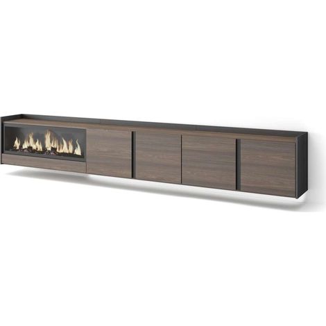 Mueble TV Arenas-02 de 315x50x35 cm con chimenea y luces LED, suspendido, color roble oscuro y negro (1/4)
