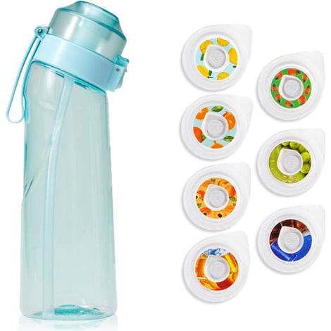 LYERCW - Gourde avec 7 capsules aromatisées et parfumées Air Water Up Bottle Frosted Black 650 ml Air Starter Pack Wask Cup For Camping Sports - bleue