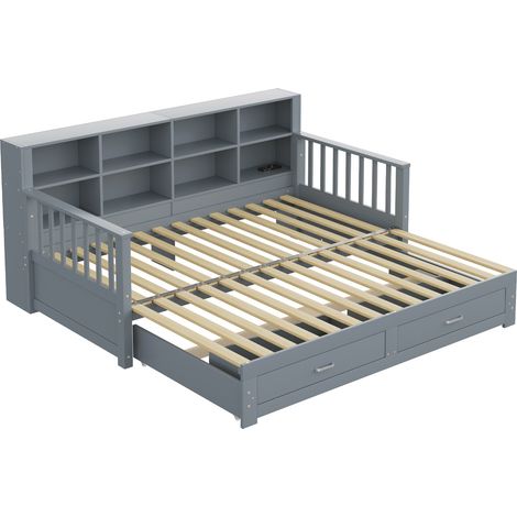 Divano letto estraibile in legno grigio 90 x 190 cm con 2 cassetti e mensole nello schienale (1/5)